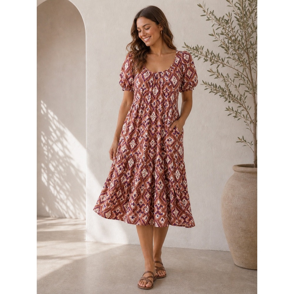 5/$25 NEW Knox Rose‎ Midi Dress Women Medium Rust Purple Ikat Print Tiered